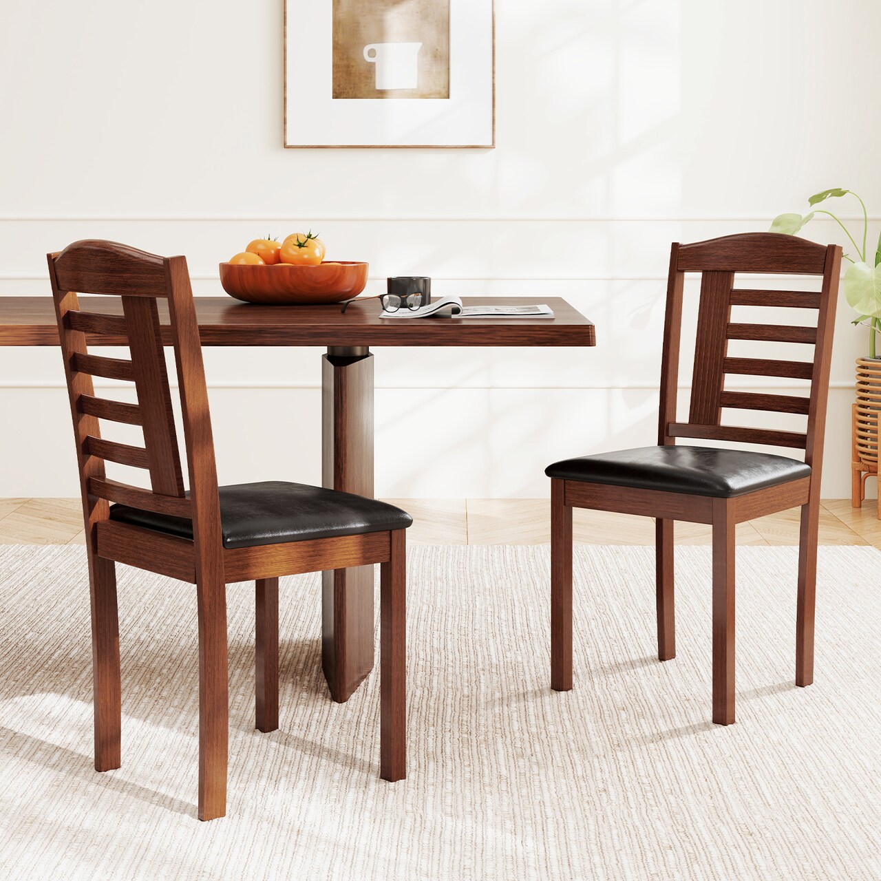 Set of 2 Classic Wood Kitchen Chairs with Cushioned Faux Leather Seats